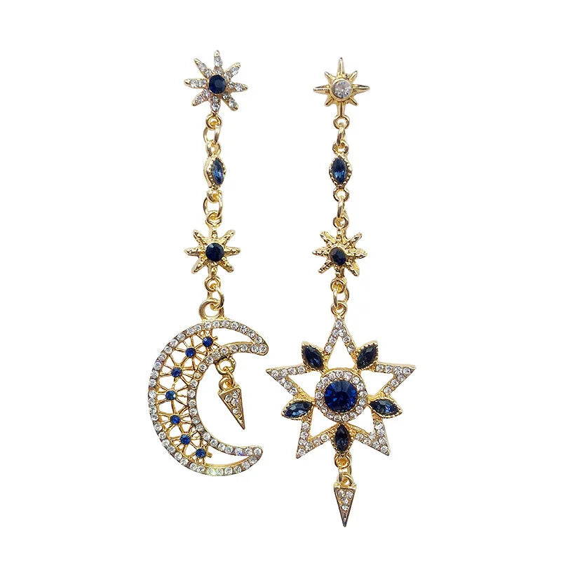Fashion New Elegant Silver Color Asymmetric Star Moon Earrings Long Statement Tassel Sparkling Personalized Earrings Jewelry
