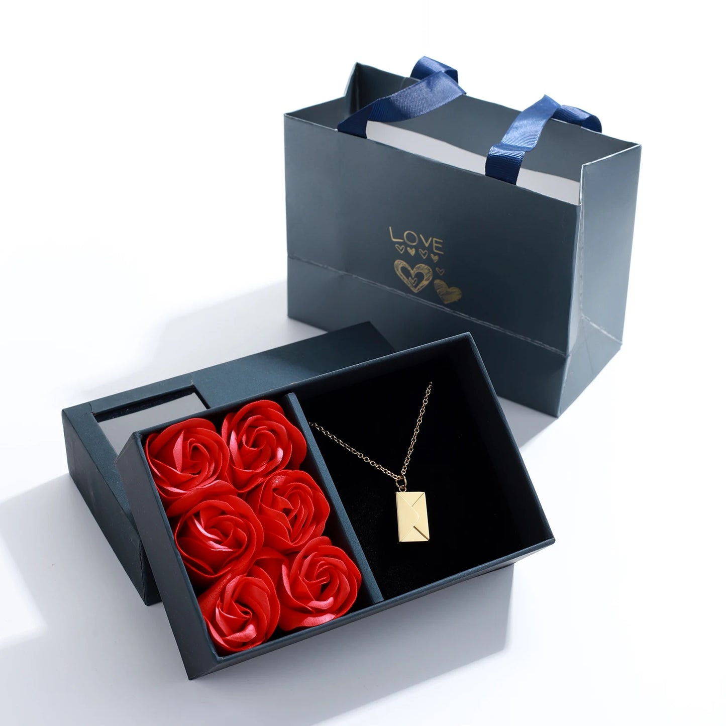 Love Letter Envelope Pendant Necklace With Rose Gift Box