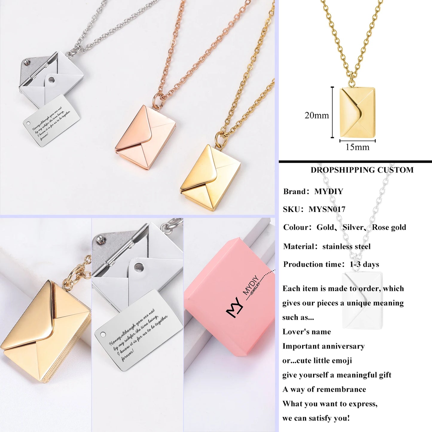 Love Letter Envelope Pendant Necklace With Rose Gift Box