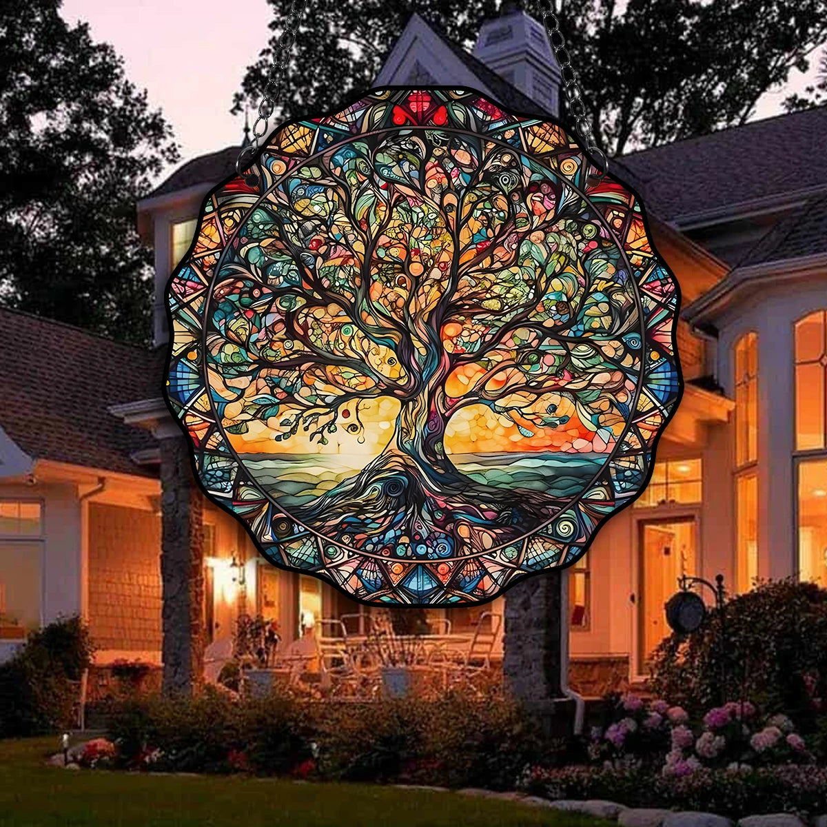 Tree of Life Wall Art Decor Sun Hanging Sign Round Indoor Outdoor Window