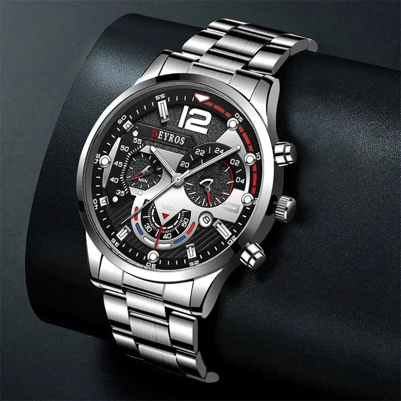 2pcs Luxury Mens Silver Quartz Watch