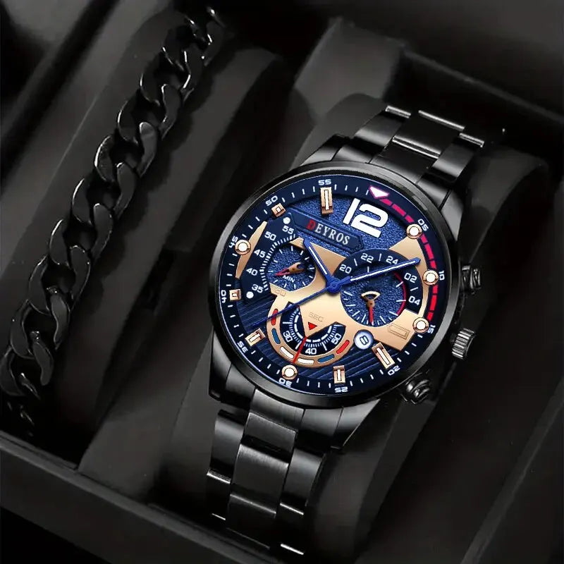 2pcs Luxury Mens Silver Quartz Watch