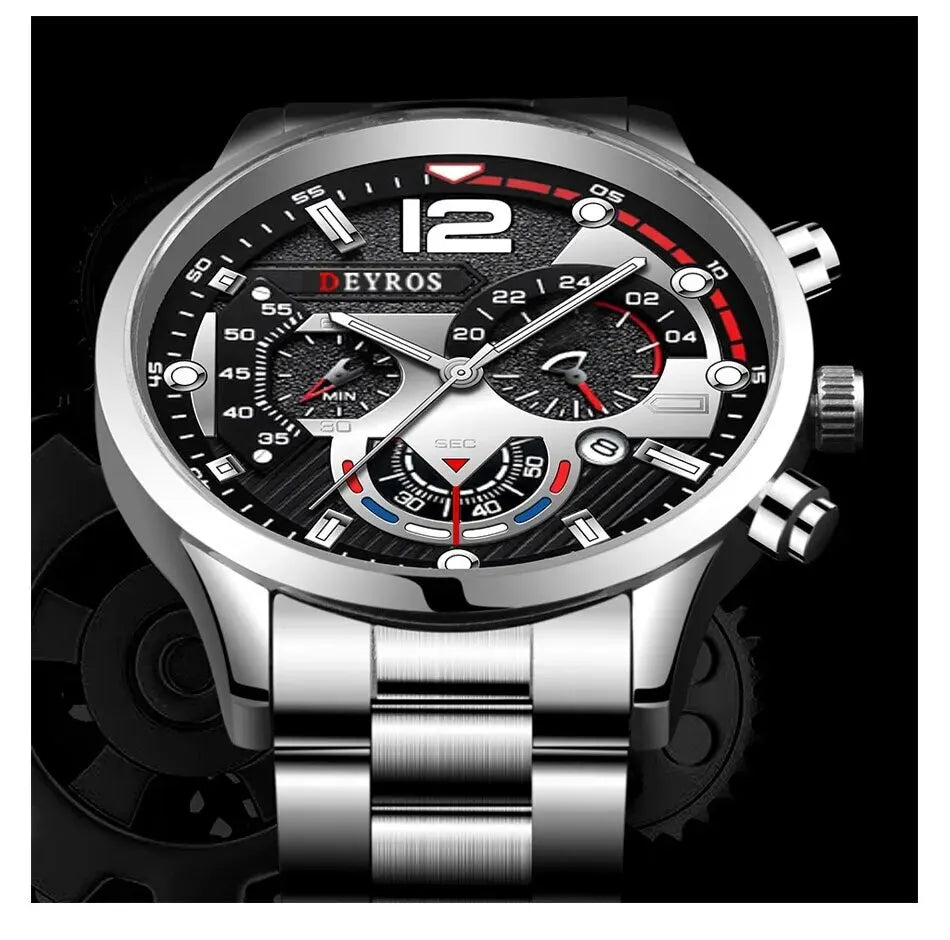 2pcs Luxury Mens Silver Quartz Watch