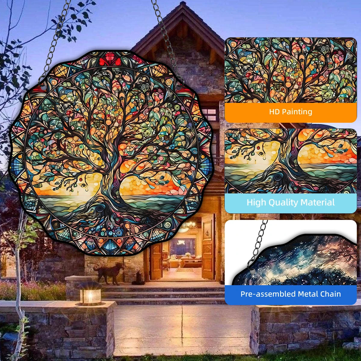 Tree of Life Wall Art Decor Sun Hanging Sign Round Indoor Outdoor Window