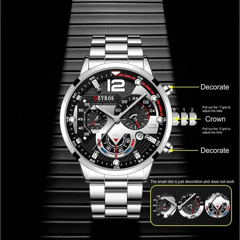 2pcs Luxury Mens Silver Quartz Watch