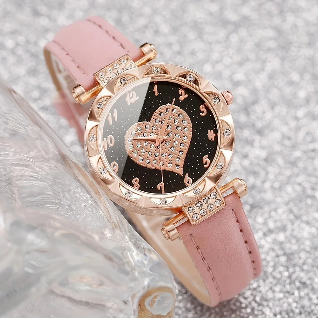 Kegllect 5PCS Women Quartz Watch Set for Gift Heart Shaped Rhinestone Accessories   Mother Her