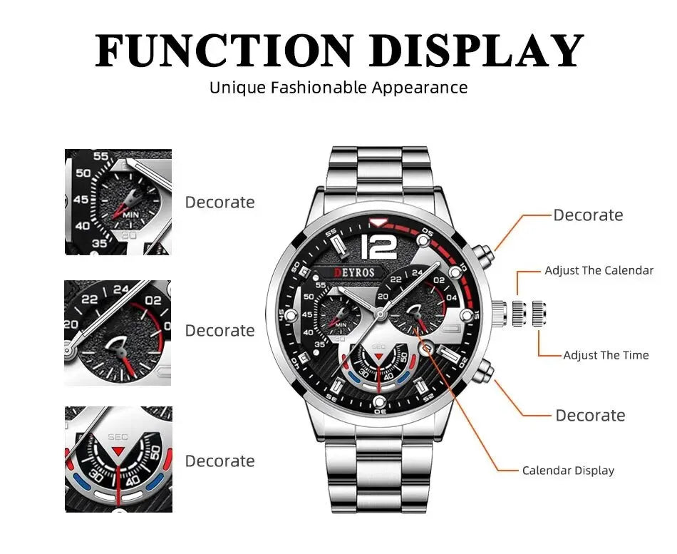 2pcs Luxury Mens Silver Quartz Watch