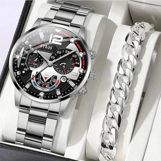 2pcs Luxury Mens Silver Quartz Watch