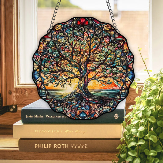 Tree of Life Wall Art Decor Sun Hanging Sign Round Indoor Outdoor Window