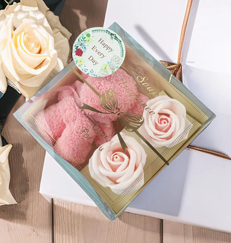 1pcs Festival Gift Towel Bear Gift Boxes Mom Mother's Day Gift Artificial Flower Transparent Gift Box Wedding Souvenir Supplies