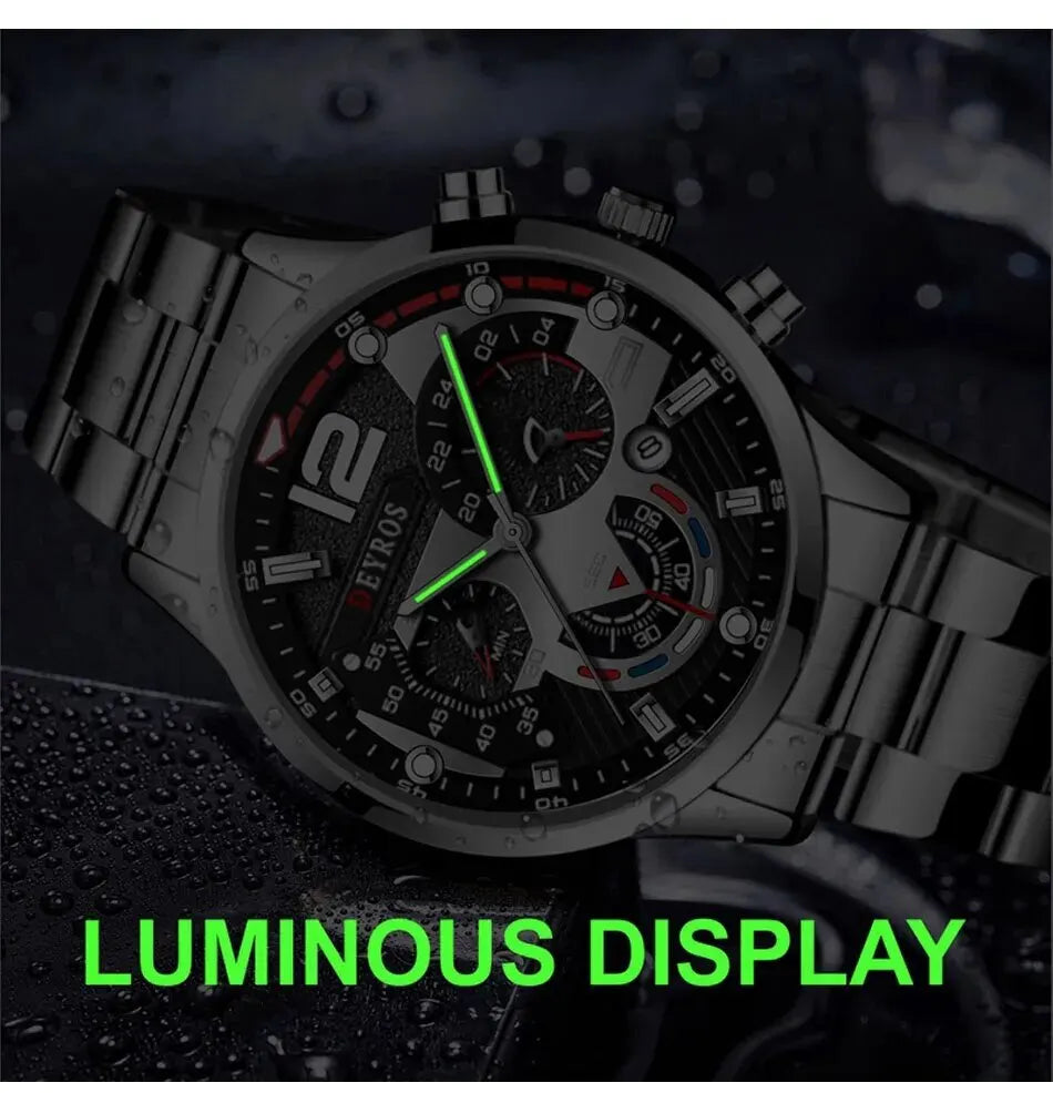 2pcs Luxury Mens Silver Quartz Watch