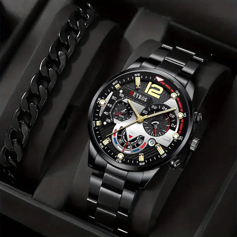 2pcs Luxury Mens Silver Quartz Watch