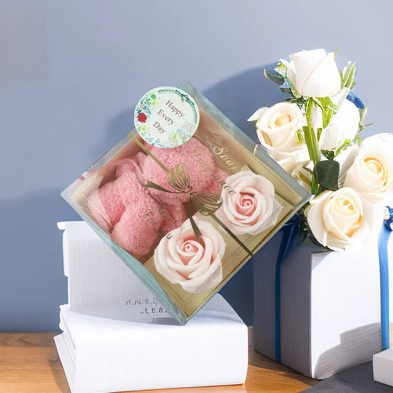 1pcs Festival Gift Towel Bear Gift Boxes Mom Mother's Day Gift Artificial Flower Transparent Gift Box Wedding Souvenir Supplies