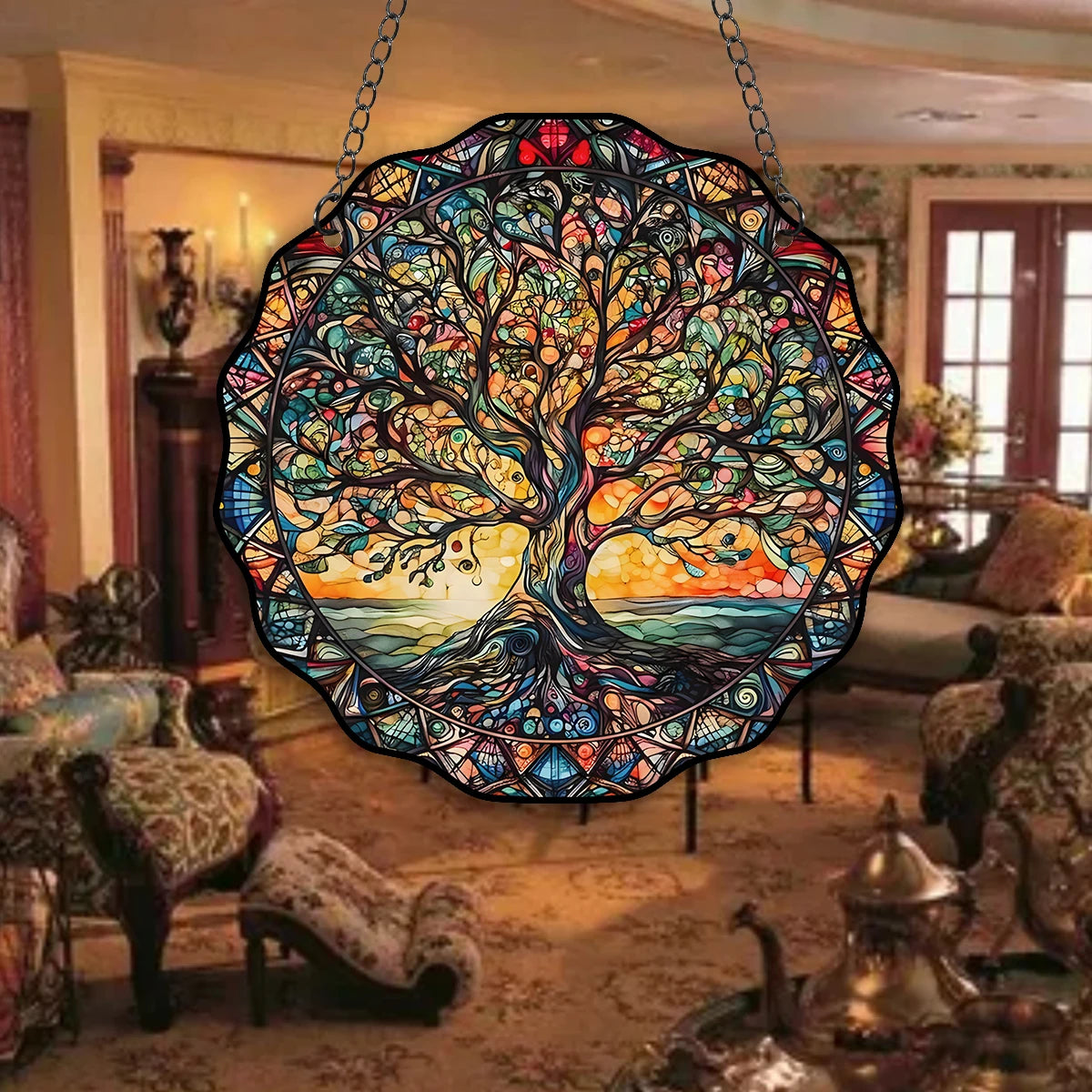 Tree of Life Wall Art Decor Sun Hanging Sign Round Indoor Outdoor Window