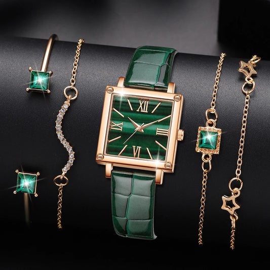 5Pcs Green Women's Luxury Leather Watch