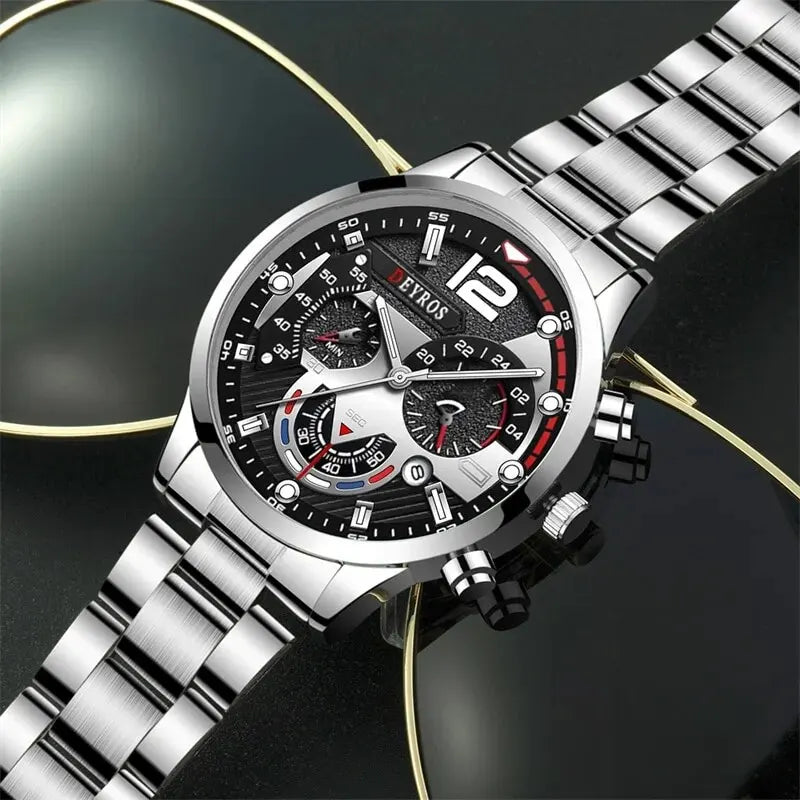 2pcs Luxury Mens Silver Quartz Watch