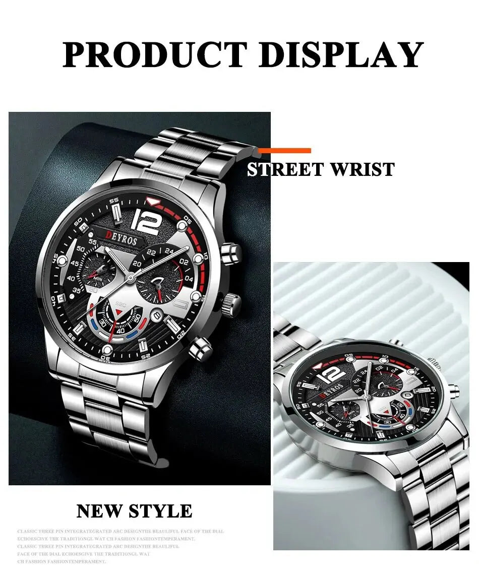 2pcs Luxury Mens Silver Quartz Watch