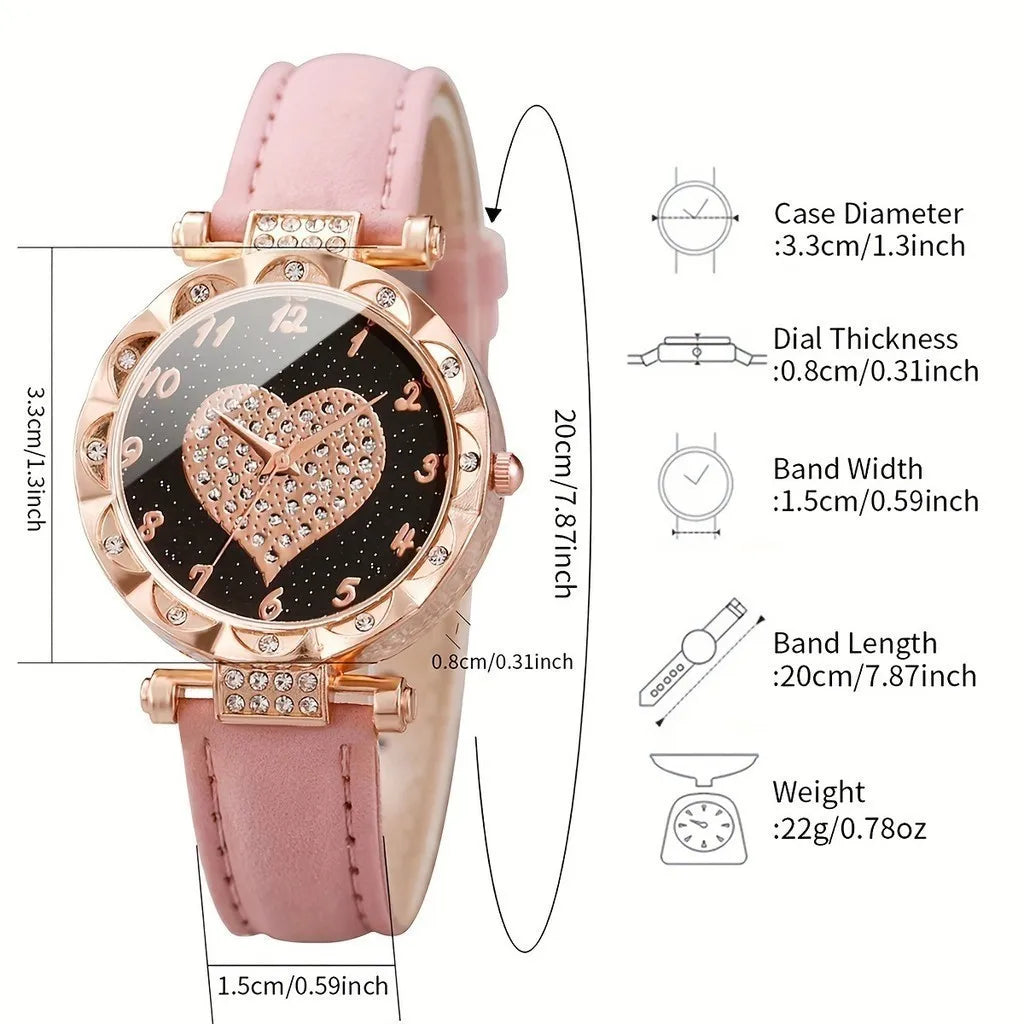 Kegllect 5PCS Women Quartz Watch Set for Gift Heart Shaped Rhinestone Accessories   Mother Her