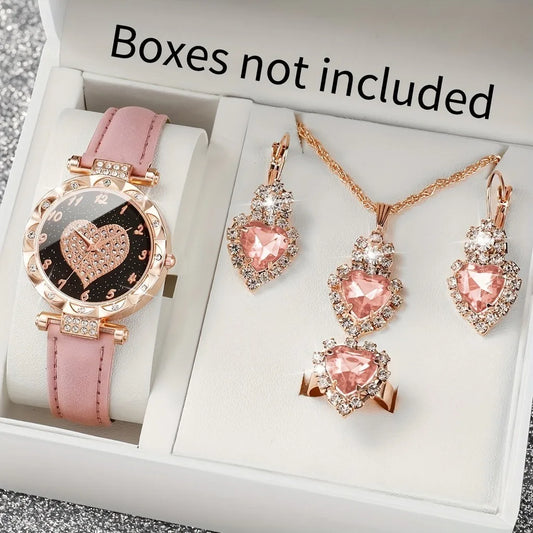 Kegllect 5PCS Women Quartz Watch Set for Gift Heart Shaped Rhinestone Accessories   Mother Her